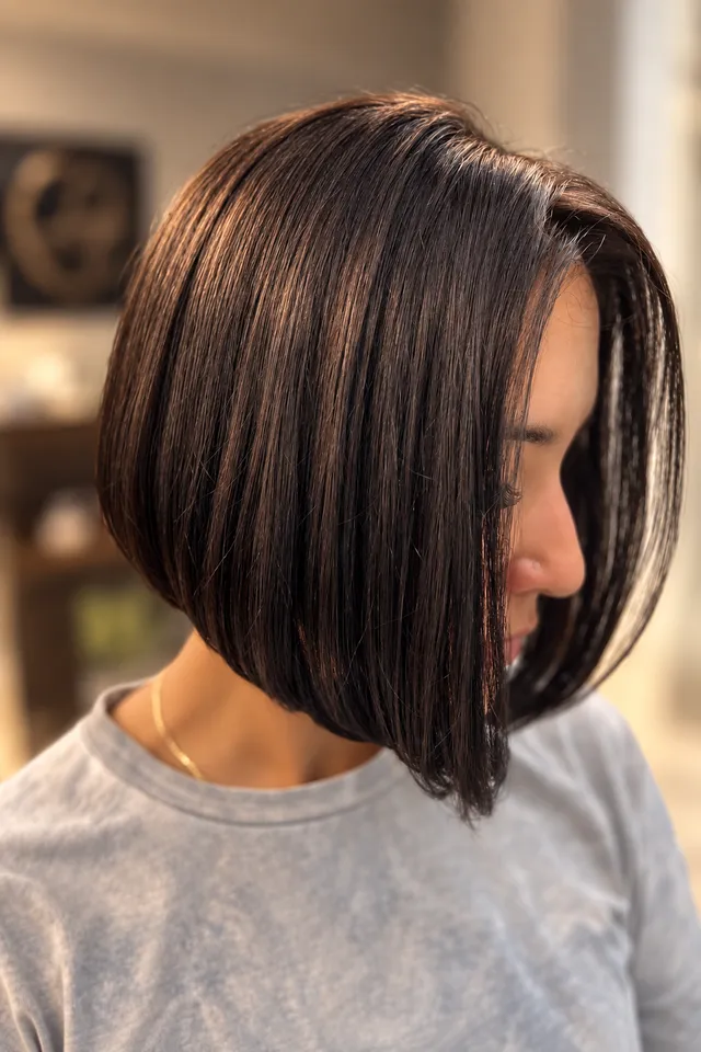 Sleek dark graduated bob, side view